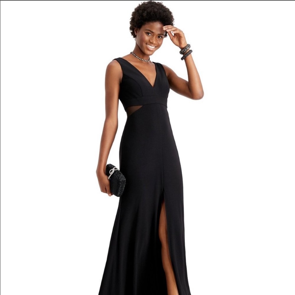 XSCAPE Black gown with illusion waist inserts